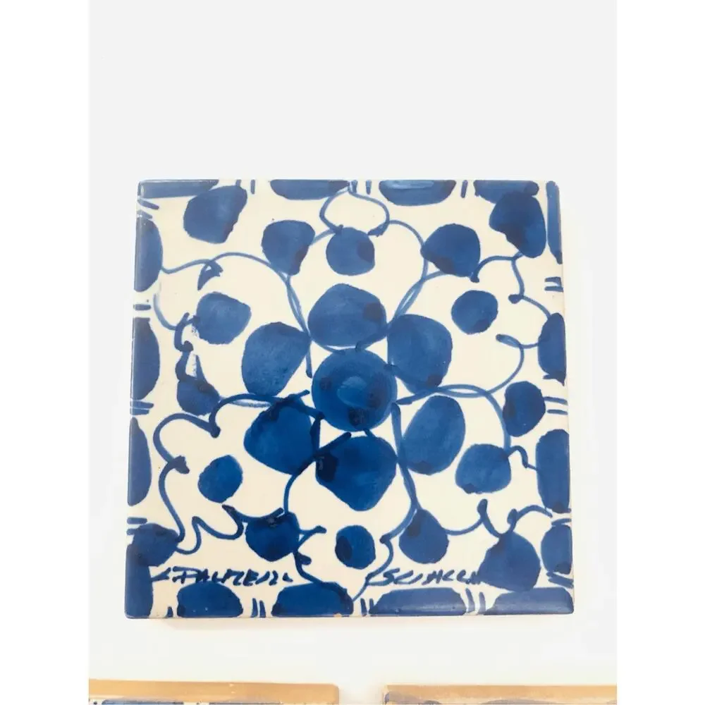 italian tiles set of 3 blue and white 4 inch squares collectible‎ signed